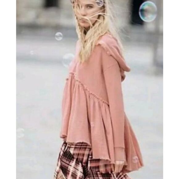 Free People Summer Dreams Pink Hoodie Tunic Dress L Boho Sweatshirt Gauze Pleats - Picture 2 of 16